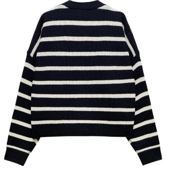 NWOT Zara Navy Striped 100% Wool Knit Cardigan with Nautical Buttons Details - Picture 2 of 10